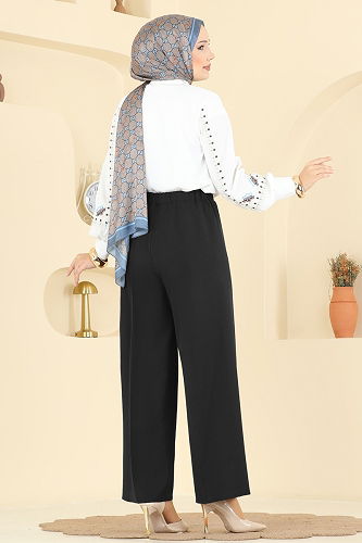 moda selvim Çizgi Hatlı Dabıl Pantolon 0651ERK1158 Siyah - Thumbnail