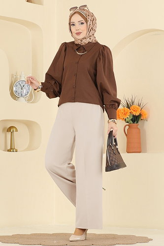 moda selvim Çizgi Hatlı Dabıl Pantolon 0651ERK1158 Taş - Thumbnail