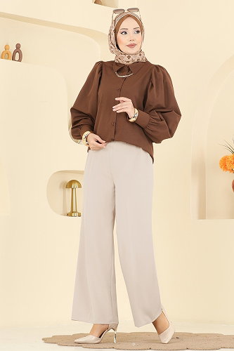 moda selvim Çizgi Hatlı Dabıl Pantolon 0651ERK1158 Taş - Thumbnail