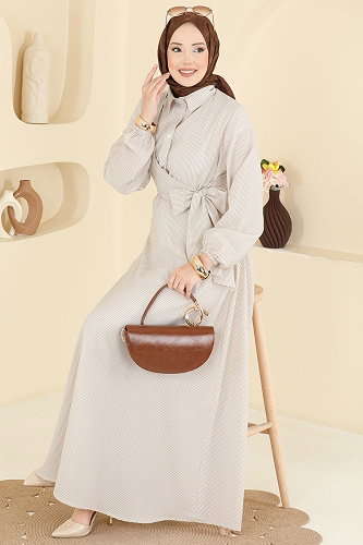 moda selvim Çizgili Belden Bağlamalı Elbise 124NZRK1200 Bej - Thumbnail