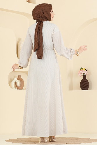 moda selvim Çizgili Belden Bağlamalı Elbise 124NZRK1200 Bej - Thumbnail