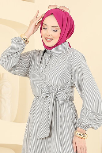 moda selvim Çizgili Belden Bağlamalı Elbise 124NZRK1200 Gri - Thumbnail