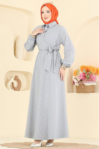 moda selvim Çizgili Belden Bağlamalı Elbise 124NZRK1200 Laci - Thumbnail