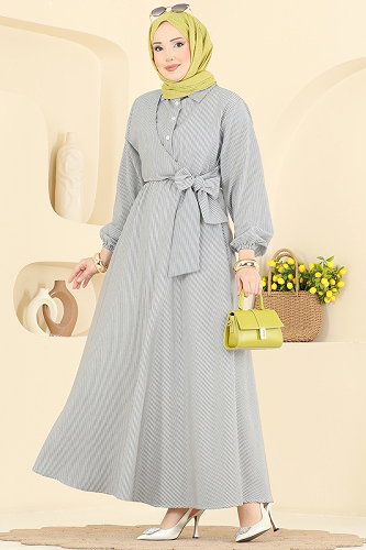 moda selvim Çizgili Belden Bağlamalı Elbise 124NZRK1200 Siyah - Thumbnail
