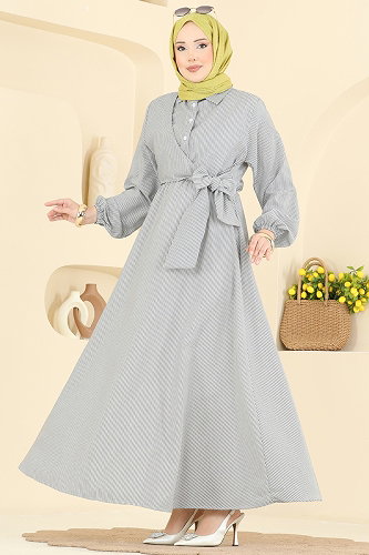 moda selvim Çizgili Belden Bağlamalı Elbise 124NZRK1200 Siyah - Thumbnail