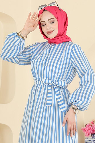 moda selvim Çizgili Beli Büzgülü Elbise 119NZRK1200 Bebe Mavisi - Thumbnail