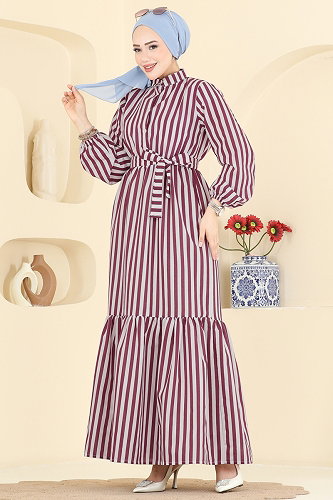 moda selvim Çizgili Beli Büzgülü Elbise 119NZRK1200 Bordo - Thumbnail