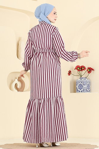 moda selvim Çizgili Beli Büzgülü Elbise 119NZRK1200 Bordo - Thumbnail