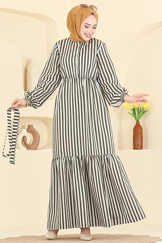 moda selvim Çizgili Beli Büzgülü Elbise 119NZRK1200 Haki - Thumbnail