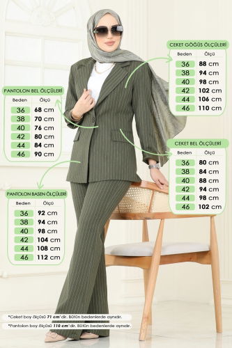 moda selvim Çizgili Blazer Ceket Takım 7062ABK1075 Haki - Thumbnail