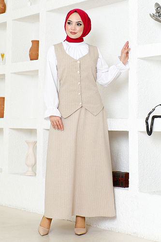 moda selvim Çizgili Etekli Takım ZNK4689-M Bej - Thumbnail