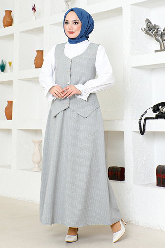 moda selvim Çizgili Etekli Takım ZNK4689-M Gri - Thumbnail