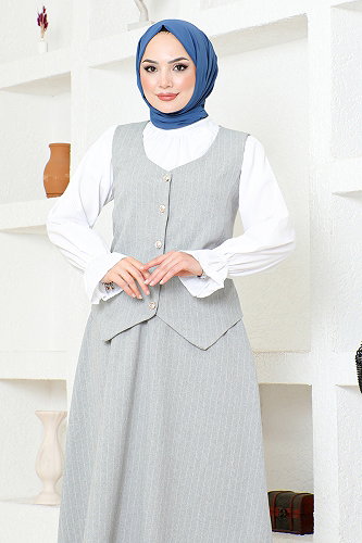 moda selvim Çizgili Etekli Takım ZNK4689-M Gri - Thumbnail