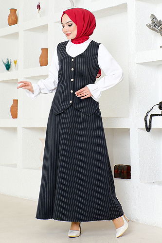 moda selvim Çizgili Etekli Takım ZNK4689-M Siyah - Thumbnail