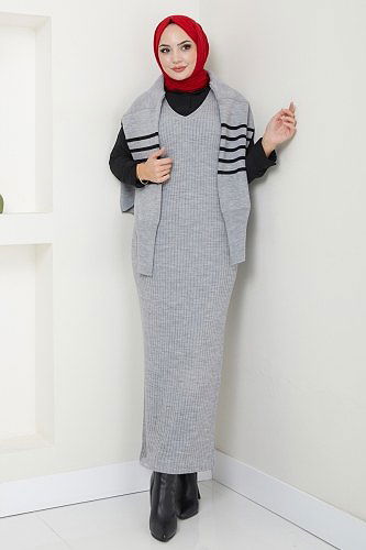 moda selvim Çizgili Kazak Detaylı Elbise 9014UZ662 Gri - Thumbnail