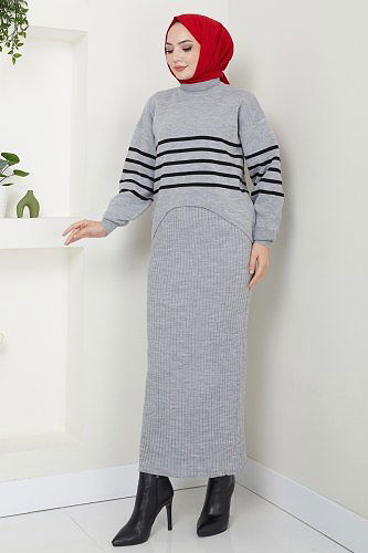 moda selvim Çizgili Kazak Detaylı Elbise 9014UZ662 Gri - Thumbnail