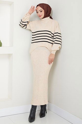 moda selvim Çizgili Kazak Detaylı Elbise 9014UZ662 Taş - Thumbnail