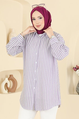 moda selvim Çizgili Spor Gömlek 8037TEG847 Lila - Thumbnail