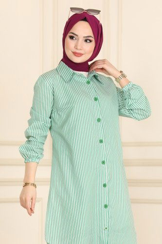 moda selvim Çizgili Terikoton Tunik 9016AKT473 Benetton Yeşili - Thumbnail