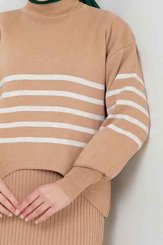 moda selvim Çizgili Tesettür Takım 9014UZ1029-M Latte - Thumbnail