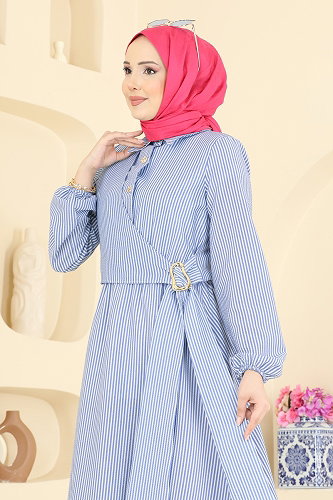 moda selvim Çizgili Toka Detaylı Elbise 5303NFC1010 Laci - Thumbnail