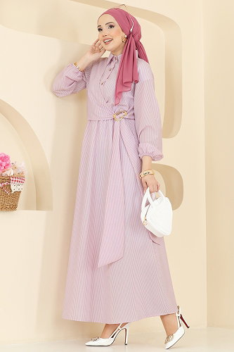 moda selvim Çizgili Toka Detaylı Elbise 5303NFC1010 Lila - Thumbnail