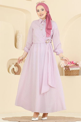 moda selvim Çizgili Toka Detaylı Elbise 5303NFC1010 Lila - Thumbnail