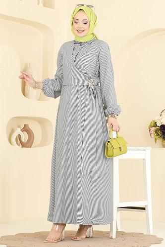 moda selvim Çizgili Toka Detaylı Elbise 5303NFC1010 Siyah - Thumbnail