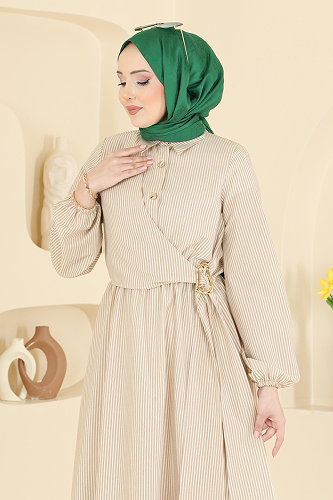 moda selvim Çizgili Toka Detaylı Elbise 5303NFC1010 Vizyon - Thumbnail