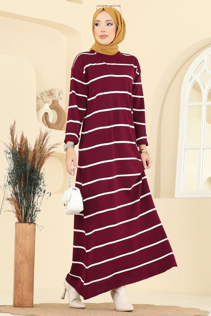 Çizgili Triko Elbise 2747AYD574 Bordo