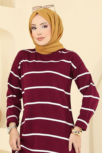 moda selvim Çizgili Triko Elbise 2747AYD574 Bordo - Thumbnail