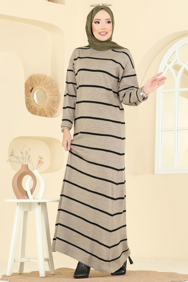 Modaselvim Elbise Çizgili Triko Elbise 2747AYD574 Vizyon&Siyah