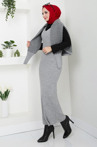 Çizgili Triko Takım 9003UZ1029-M Gri
