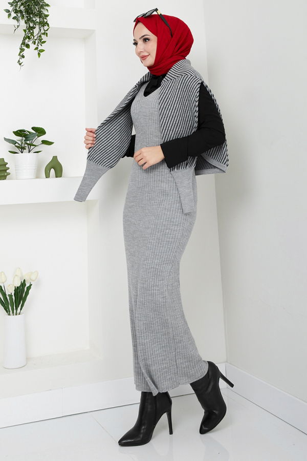Modaselvim SEPETTE NET %20+%20 İNDİRİM Çizgili Triko Takım 9003UZ1029-M Gri