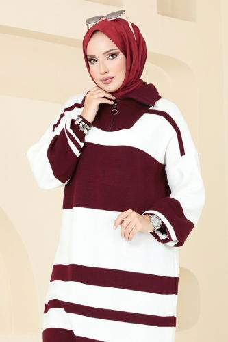 moda selvim Çizgili Triko Tunik 11046BRZ597 Bordo - Thumbnail