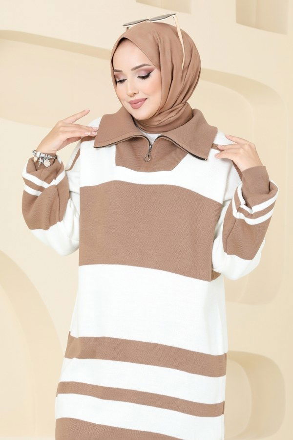 Çizgili Triko Tunik 11046BRZ597 Latte - 3