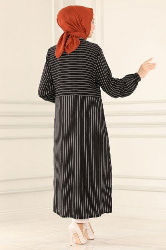 moda selvim Çizgili Viskon Tunik 3011BLU797 Siyah - Thumbnail