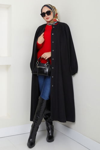 moda selvim Coat 0504BG354 Black - Thumbnail