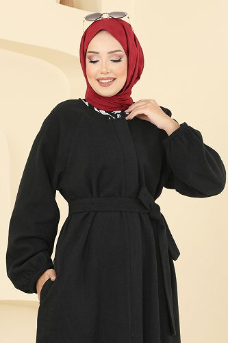 moda selvim معطف أسود 0504BG354 - Thumbnail
