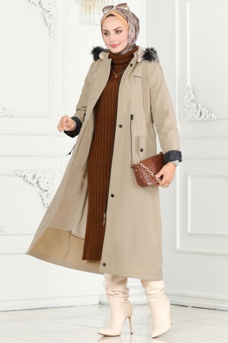 moda selvim Coat 0805MSA980 Stone - Thumbnail