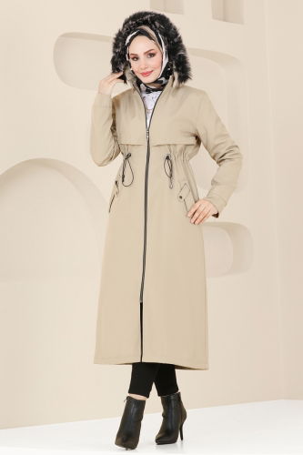 moda selvim Coat 0838MSA980 Stone - Thumbnail