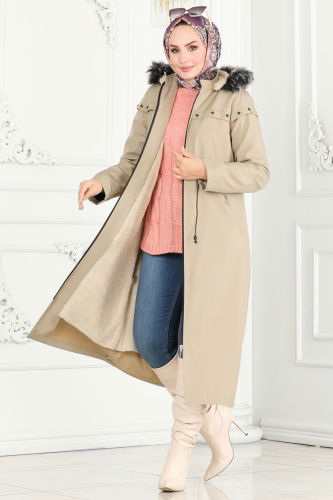 moda selvim Coat 0851MSA980 Stone - Thumbnail