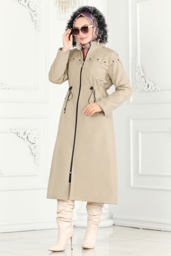 moda selvim Coat 0851MSA980 Stone - Thumbnail