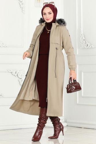 moda selvim Coat 0855MSA980 Stone - Thumbnail