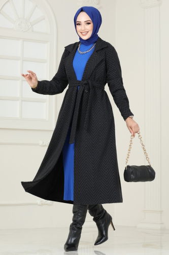 moda selvim Coat 1095BRZ597 Black - Thumbnail