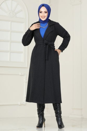 moda selvim Coat 1095BRZ597 Black - Thumbnail