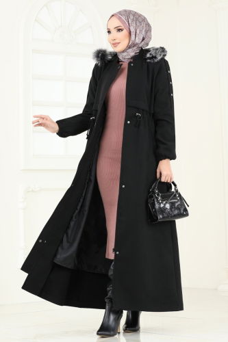 moda selvim Coat 1114OZT1013 Black - Thumbnail