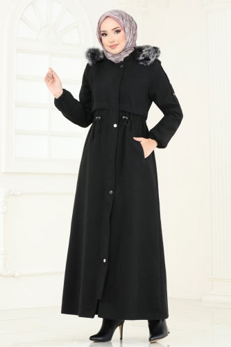 moda selvim Coat 1114OZT1013 Black - Thumbnail