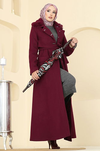 moda selvim Coat 1121OZT1013 Burgundy - Thumbnail