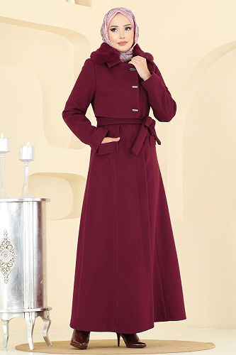 moda selvim Coat 1121OZT1013 Burgundy - Thumbnail
